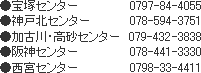 ●宝塚センター 0797-84-4055●神戸北センター 078-594-3751●加古川・高砂センター 079-432-3838●阪神センター 078-441-3330●西宮センター 0798-33-4411