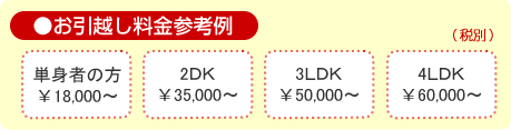 お引越し料金参考例 単身者の方¥19,800~ 2DK¥38,500~ 3LDK¥55,000~ 4LDK¥66,000~