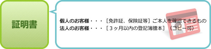 証明書 個人のお客様・・・［免許証、保険証等］ご本人を確認できるもの 法人のお客様・・・［３ヶ月以内の登記簿謄本］（コピー可）